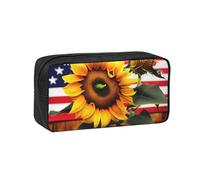 YQxwJL Estuche para lápices de gran capacidad con estampado de girasol y bandera estadounidense, bolsa para lápices de tela Oxford 600D con cremallera resistente, suministros escolares