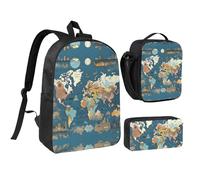 YQxwJL Juego de 3 mochilas con estampado de mapa del mundo con lonchera y estuche para lápices, para viajes, trabajo, camping, unisex