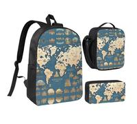 YQxwJL Juego de 3 mochilas con estampado de mapa del mundo con lonchera y estuche para lápices, para viajes, trabajo, camping, unisex