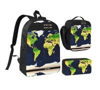YQxwJL Juego de 3 mochilas con estampado de mapa del mundo con lonchera y estuche para lápices, para viajes, trabajo, camping, unisex