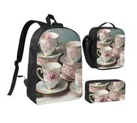YQxwJL Juego de 3 tazas de té con rosas con estampado romántico, mochila con fiambrera, estuche para lápices, para viajes, trabajo, camping, unisex
