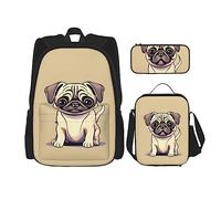 YQxwJL Juego de mochila 3 en 1, divertido pug de dibujos animados cachorro perro impreso mochilas de viaje casuales, con estuche para lápices, bolsa de almuerzo