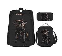 YQxwJL Juego de mochila 3 en 1, lindas mochilas de viaje informales con estampado de peces dorados, con estuche para lápices, bolsa de almuerzo, Lindo perro pug negro escala estándar-2_00x, One Size,