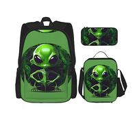 YQxwJL Juego de mochila 3 en 1, mochilas de viaje casuales con estampado de alienígenas verdes, con estuche para lápices, bolsa de almuerzo, Alien verde, One Size