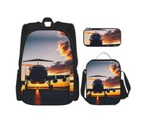 YQxwJL Juego de mochila 3 en 1, mochilas de viaje casuales con estampado de estrellas de mar en la playa, con bolsa para lápices, bolsa de almuerzo, Avión al atardecer, One Size