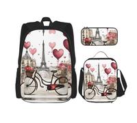 YQxwJL Juego de mochila 3 en 1, mochilas de viaje casuales con estampado de girasol y bandera americana, con bolsa para lápices, bolsa de almuerzo, Love París torre café vino perfume bicicleta