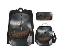 YQxwJL Juego de mochila 3 en 1, vikingos con estampado de barcos mochilas de viaje casuales, con estuche para lápices, bolsa de almuerzo