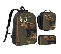 YQxwJL Lodge Bear Deer Print - Mochila de 3 piezas con fiambrera, estuche para lápices, para viajes, trabajo, camping, unisex