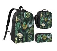 YQxwJL Mochila con estampado de hojas de palma tropicales, 3 piezas, con fiambrera, estuche para lápices, para viajes, trabajo, camping, unisex