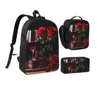 YQxwJL Mochila con estampado de rosas rojas y vino románticas para amantes de los enamorados, 3 piezas, con fiambrera, estuche para lápices, para viajes, trabajo, camping, unisex