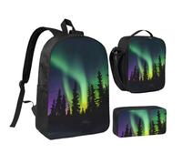 YQxwJL Mochila de 3 piezas con estampado de auroras boreales oscuras con lonchera y estuche para lápices, para viajes, trabajo, camping, unisex