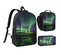 YQxwJL Mochila de 3 piezas con estampado de auroras boreales oscuras con lonchera y estuche para lápices, para viajes, trabajo, camping, unisex
