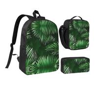 YQxwJL Mochila de 3 piezas con estampado de hojas verdes de palmera y plantas tropicales con lonchera y estuche para lápices, para viajes, trabajo, camping, unisex