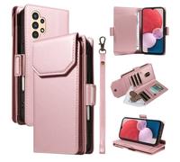 YRDUKJFDJ Soporte para teléfono con Funda Plegable For Samsung Galaxy A13 5G 4G Wallet Case with Card Holder For Women and Men, Fashion PU Leather Cover Side Buckle Hand Strap Wallet Phone Case(Pink)