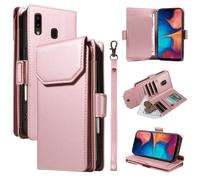 YRDUKJFDJ Soporte para teléfono con Funda Plegable For Samsung Galaxy A20/A30 Wallet Case with Card Holder For Women and Men, Fashion PU Leather Cover Side Buckle Hand Strap Wallet Phone Case(Pink)