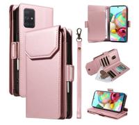 YRDUKJFDJ Soporte para teléfono con Funda Plegable For Samsung Galaxy A51 4G Wallet Case with Card Holder For Women and Men, Fashion PU Leather Cover Side Buckle Hand Strap Wallet Phone Case(Pink)
