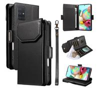 YRDUKJFDJ Soporte para teléfono con Funda Plegable For Samsung Galaxy A71 4G Wallet Case with Card Holder For Women and Men, Fashion PU Leather Cover Side Buckle Hand Strap Wallet Phone Case(Svart)