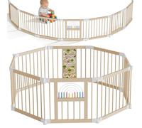 YRHome Parque plegable para bebé, incluye puerta, parque plegable de madera para bebé, sin alfombra de juego, malla de barrera deformable, para niños, moldeable con centro de juego (juego de ábaco y
