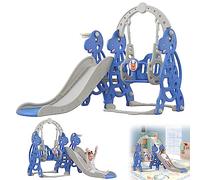 YRHome Tobogán para niños 4 en 1, arqueado, con canasta de baloncesto y columpio, tobogán de plástico para niños pequeños, 175 x 140 x 115 cm, para interior y exterior con caño antideslizante