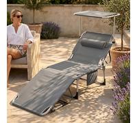 YRHome Tumbona de playa plegable con sombrilla integrada y cojín para el cuello, tumbona exterior de tela Oxford de polietileno 600D, marco estable, soporta hasta 105 kg, perfecta para playa antracita