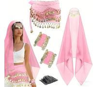 YROHGKPN 4 piezas traje de danza del vientre para mujer, traje de danza del vientre, monedas, pañuelo de cadera, gasas, pañuelo, 2 monedas, muñequera, disfraces de Halloween para mujeres y adultos