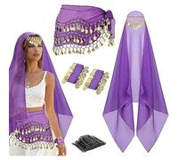 YROHGKPN 4 piezas traje de danza del vientre para mujer, traje de danza del vientre, monedas, pañuelo de cadera, gasas, pañuelo, 2 monedas, muñequera, disfraces de Halloween para mujeres y adultos