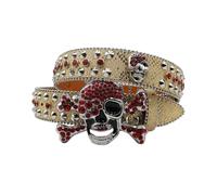 YROHGKPN Blingbling Cinturón Con Hebilla De Calavera Para Todas Las Edades Rhinestones Remaches Pantalones De Baile De La Calle Llamativo Cinturón De Cuero PU, rojo, L