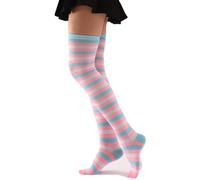 YROHGKPN Calcetines por encima de la rodilla, calcetines de cosplay, calcetines de rayas coloridas, calcetines para botas, muslo para mujer, Blue Cuff, Talla única