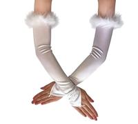 YROHGKPN Guanteletes musicales largos de satén con mangos de plumón, elegantes complementos de ejecución escénica para bodas, fiestas, guantes elásticos flexibles, blanco, Talla única
