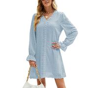 YROHGKPN Vestido de mujer de manga larga con cuello en V vestido corto de moda con punto fluido de cintura alta casual ajuste holgado, babydoll con cuello en V, manga larga Vestidos para el, azul