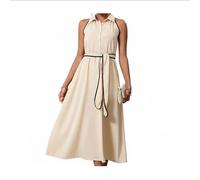 YRSHENG Vestido Largo Mujer Sin Mangas con Cuello Camisero, Vestidos Elegantes Mujer con Cinturón, Beige con Ribete Negro,S