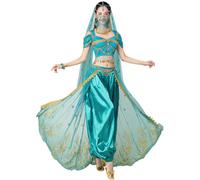 yrsZX Disfraz de jazmín para mujer, disfraz de princesa árabe, disfraz de hada para Halloween, cosplay, danza del vientre, 04 Azul Verde, S