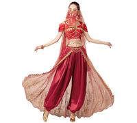 yrsZX Disfraz de jazmín para mujer, disfraz de princesa árabe, disfraz de hada para Halloween, cosplay, danza del vientre, rojo, (04 Wine Red), Small