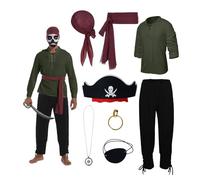 YRTBGD 8 piezas de disfraz de pirata para hombres adultos con camisa pirata, pantalones, bandana, cinturón, parche para Halloween, carnaval (camisa verde, L)
