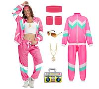 YRTBGD Disfraz de los años 80 y 90 para mujer, estilo retro de los años 80, chándal, chaqueta, pantalones, traje con cadena dorada, radio inflable, Halloween, carnaval para mujer (rosa, 3XL)