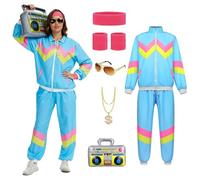 YRTBGD Disfraz de los años 80 y 90 para mujer, estilo retro de los años 80, chándal, chaqueta, pantalones, traje con cadena dorada, radio inflable, Halloween, carnaval para mujer (azul, M)