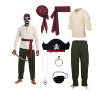YRTBGD Disfraz de pirata para hombre, ropa medieval para hombre, con camisa medieval, pantalones, pirata, bandana, cinturón, parche en los ojos, collar y pendientes para Halloween y carnaval, verde, M