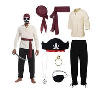 YRTBGD Disfraz de pirata para hombre, ropa medieval para hombre, con camisa medieval, pantalones, pirata, bandana, cinturón, parche en los ojos, collar y pendientes para Halloween y carnaval, Negro ,