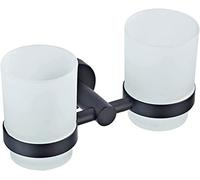 YRUIIA Soporte doble para cepillos de dientes en la pared, todo latón doble portavasos con 2 vasos de cristal, vaso para cepillos de dientes y soporte, accesorios de baño, decoración, acabado negro