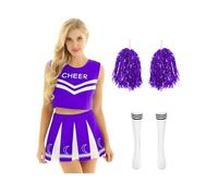 Yruioon 4 unidades de disfraz de animadora para mujer, sin mangas, con minifalda, calcetines, pompones, uniforme de animadora, Halloween, carnaval, disfraz, lila, M
