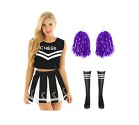 Yruioon 4 unidades para mujer, disfraz de animadora, sin mangas, top corto con minifalda, calcetines, pompones, uniforme de animadora, Halloween, carnaval, disfraz, negro, L