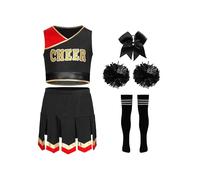 Yruioon 5 piezas niña Cheer Leader Disfraz de animadora vestido Crop Tops + Falda Pompoms Calcetines Halloween Carnaval Disfraz de Baile A Negro 158-164