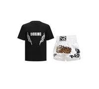 Yruioon Chándal para niños Muay Thai Boxing Shorts + Camiseta Niños Boxing Ropa de Boxeo Artes Marciales MMA Kick Boxing Set, B Negro Plata, 134-140