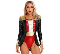 Yruioon Dama Traje Circo Uniforme Director Circo Con Lentejuelas Camisa Manga Larga Overol Cuerpo Traje Maestro Ceremonias Halloween Navidad Carnaval Fiesta Temática Negro L