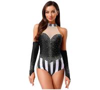 Yruioon Disfraz de director de circo para mujer, uniforme brillante, mono con calentadores, body de baile, Halloween, Navidad, carnaval, espectáculo, disfraz de baile, negro, 3XL