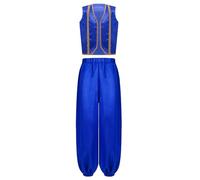 Yruioon Disfraz de príncipe árabe para niños, chaleco de satén + pantalones harén de cuento de hadas, disfraz de espíritu de botella, carnaval, azul real, 146-152