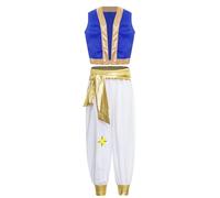 Yruioon Disfraz de príncipe árabe para niños, chaleco medieval, chaqueta + pantalones de Aladino, ropa árabe para niños, para Halloween, carnaval, fiesta temática, azul real, 170-176