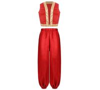 Yruioon Disfraz de príncipe árabe para niños con chaleco de satén + pantalones harén de príncipe árabe, cuento de hadas, espíritu de la botella, carnaval, color rojo, 158-164