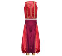 Yruioon Disfraz de príncipe árabe para niños con chaleco de satén + pantalones harén para niños, ropa árabe, espíritu de la botella, disfraz de carnaval, color rojo vino 158-164