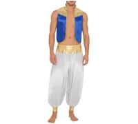 Yruioon Príncipe Árabe Costume Hombres En Seda Chaqueta Satinado Pantalones Harem Ropa Árabe Traje Sultán Oriental Traje Carnaval Azul Blanco 3XL